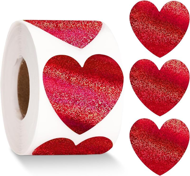 Glitter Red Heart Stickers, 500Pcs Roll, Red Glitter Heart Stickers, Waterproof,