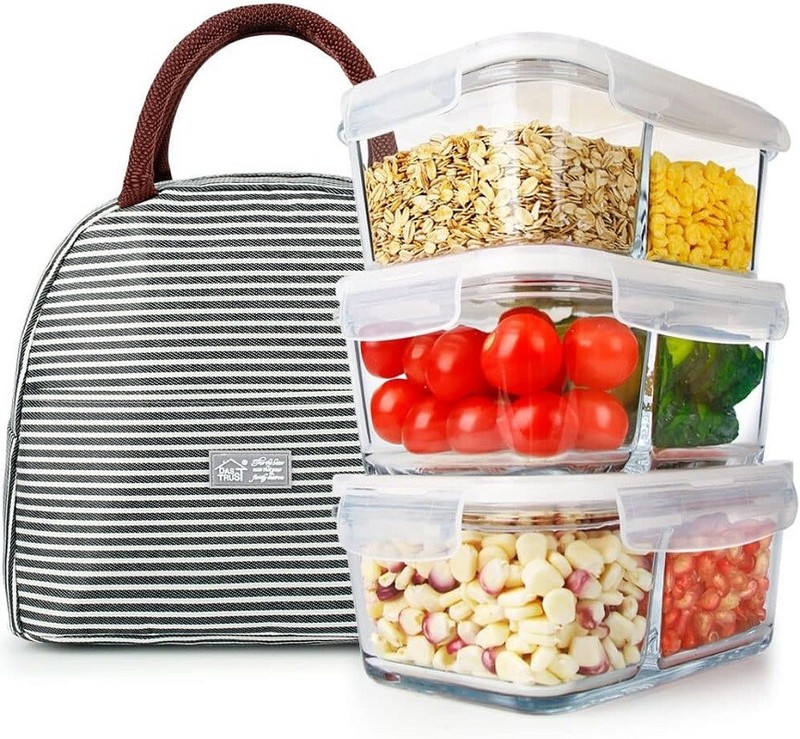 3 Pack Glass Lunch Box with 2 Compartments Lids Meal Prep Containers Lunch Bag