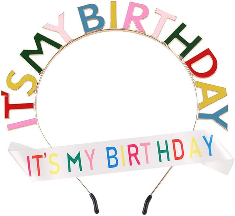 Rainbow Happy Birthday Headband It'S My Birthday Tiara Sash Crown Headpiece Set