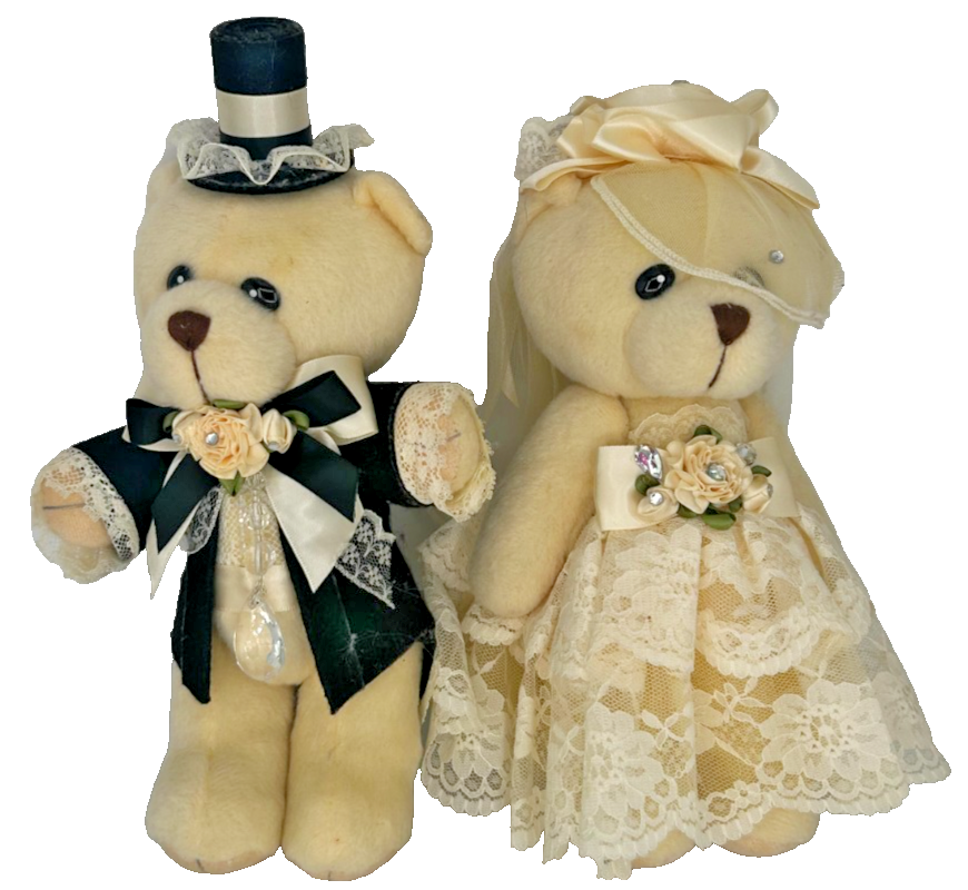 Wedding bears Top Hat Groom and Lace Dress Bride Set