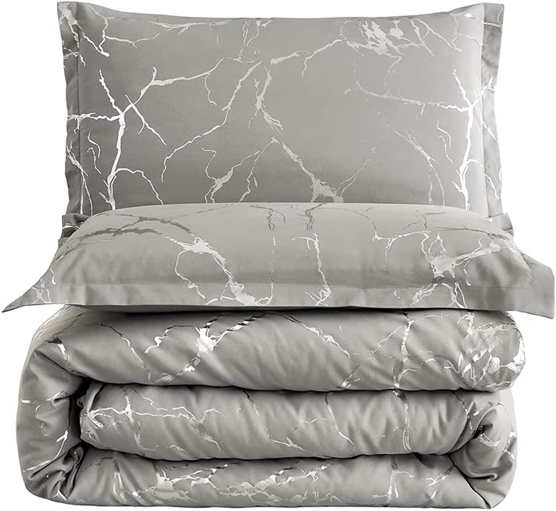 Silver Metallic Marble Comforter Set Queen Size Glitter Bedding Set, Grey/Silver