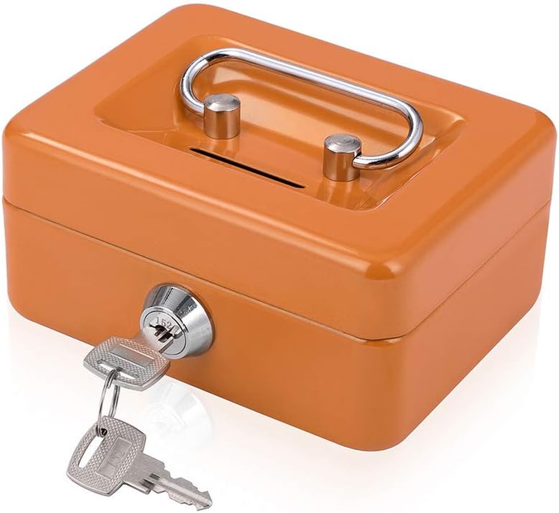 Orange Mini Cash Box Key Lock Metal Money Box w/ Tray Slot Por...