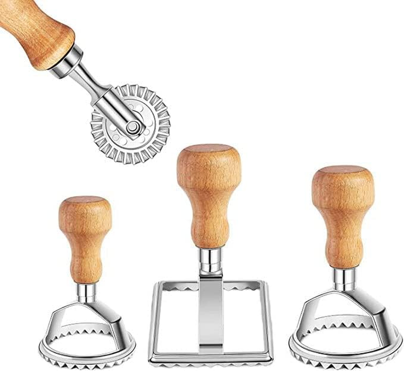 Ravioli Stamp Maker Cutter with Roller Wheel Set of 4, Wooden Handle Ravioli Mak
