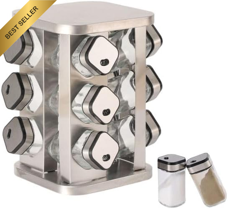 Rotating Seasoning Bottle Storage Rack – 12 Glass Jars Stainless Steel Spice Rac