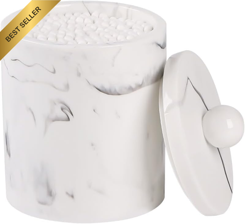 Marble Qtip Holder with Lid, White Resin Cotton Swab Container, Small Apothecary