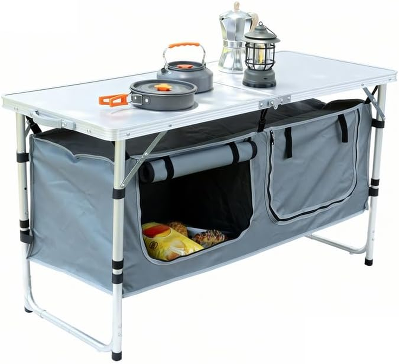 Portable Camping Kitchen Table Heat Resistant Top Adjustable Height Storage BBQ