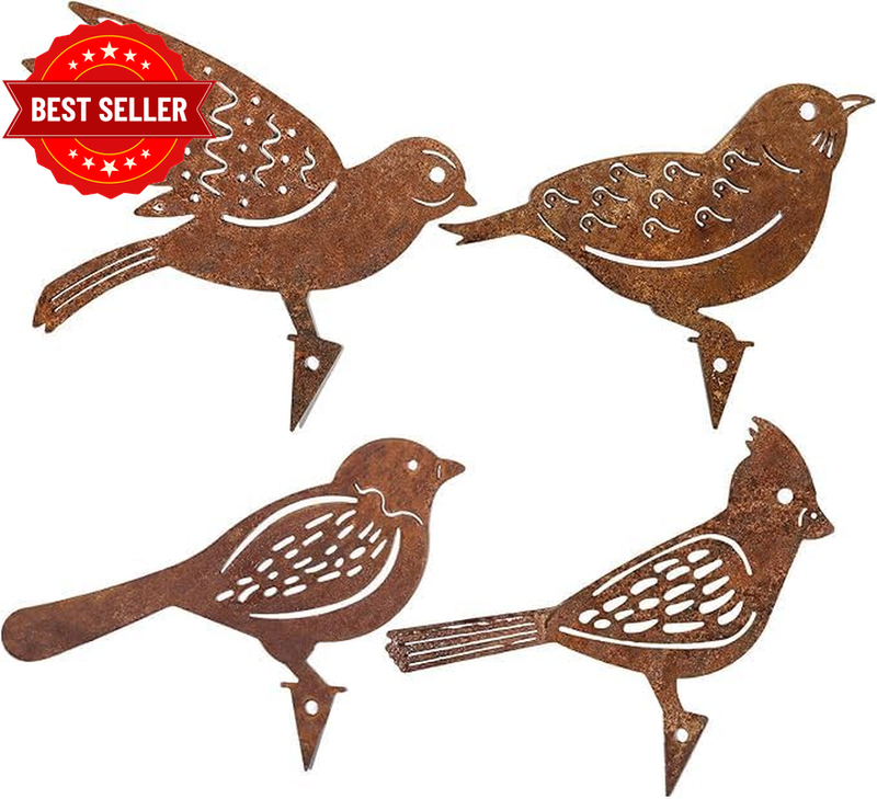 4Pcs Rustic Metal Bird Statues, Outdoor Garden Decor - Vintage Rusted Yard Art O