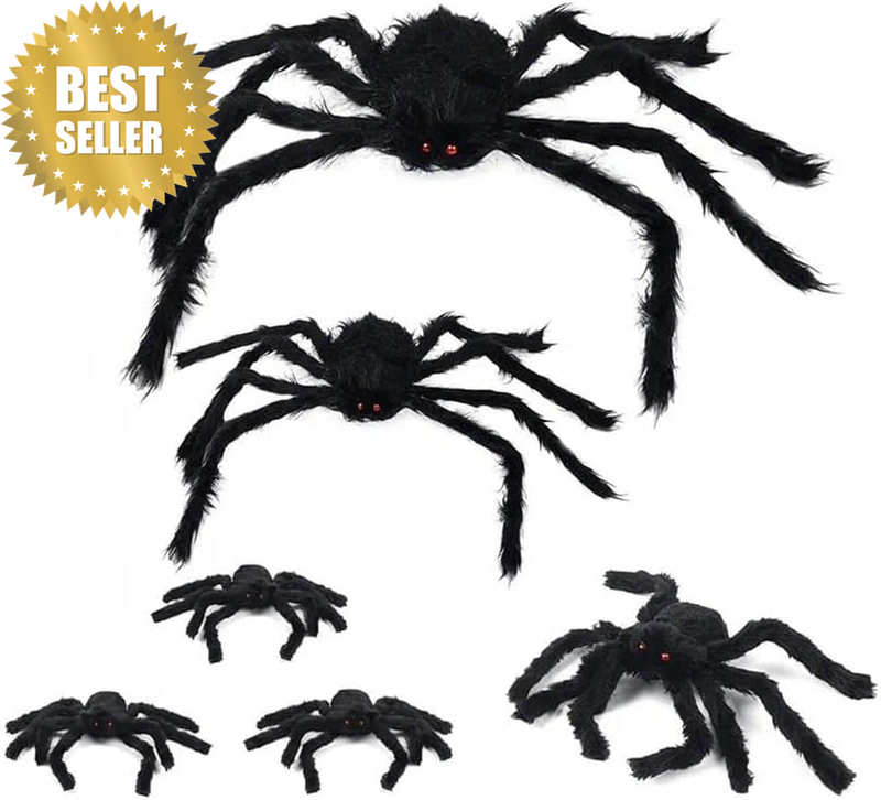 6Pcs Realistic Spider Decor - Hairy Halloween Props with Red Eyes