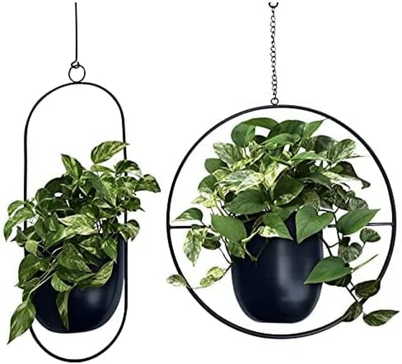 2 Pack Metal Hanging Planters + Hook | Hanging Holder Indoor, Modern Wall & Ceil