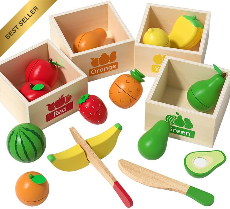 Wooden Play Food Toy Set for Kids Kitchen - 30 Pcs Montessori Cutting & Color So