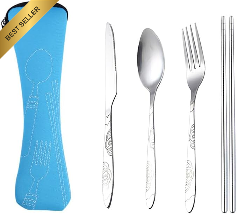 4 Pcs Cutlery Travel Knife Fork Portable Bag Stainless Steel Spoon Chopstick Set