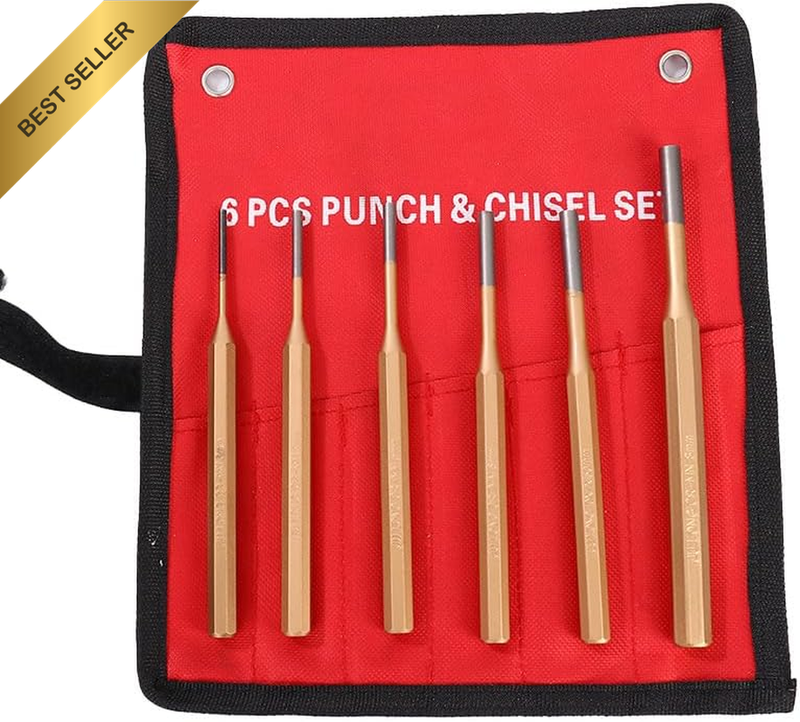 6PCS Pin Punch Set Cr-Mn Steel, Heat Treated Drift Punches with Hex Grip, Anti-R