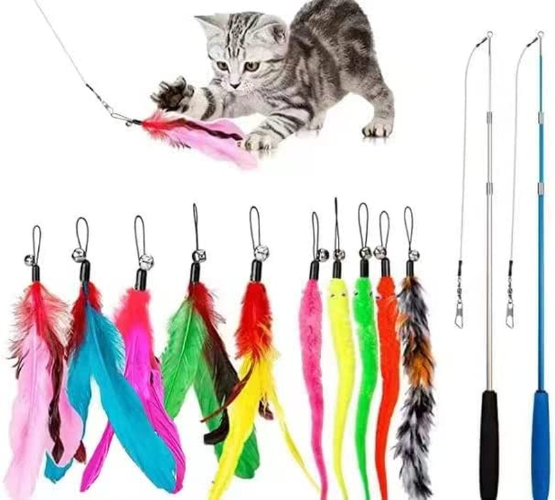 Feather Toy, 2pcs Retractable Cat Wand Toys And 10pcs Replaceme