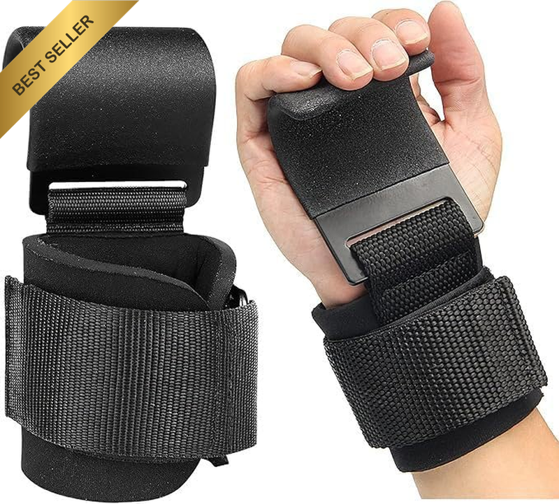Heavy Duty Weightlifting Hooks Pair with Power Wrist Straps & Hand Grip Support