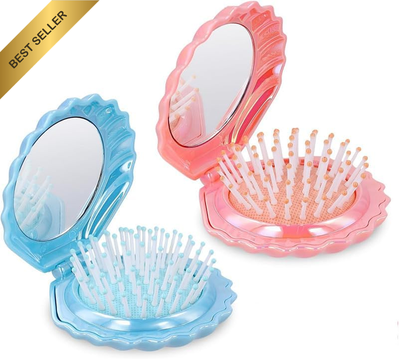 Shell Shape Pocket Hair Brush with Mirror, 2Pcs Folding Travel Shell Shape Pocke