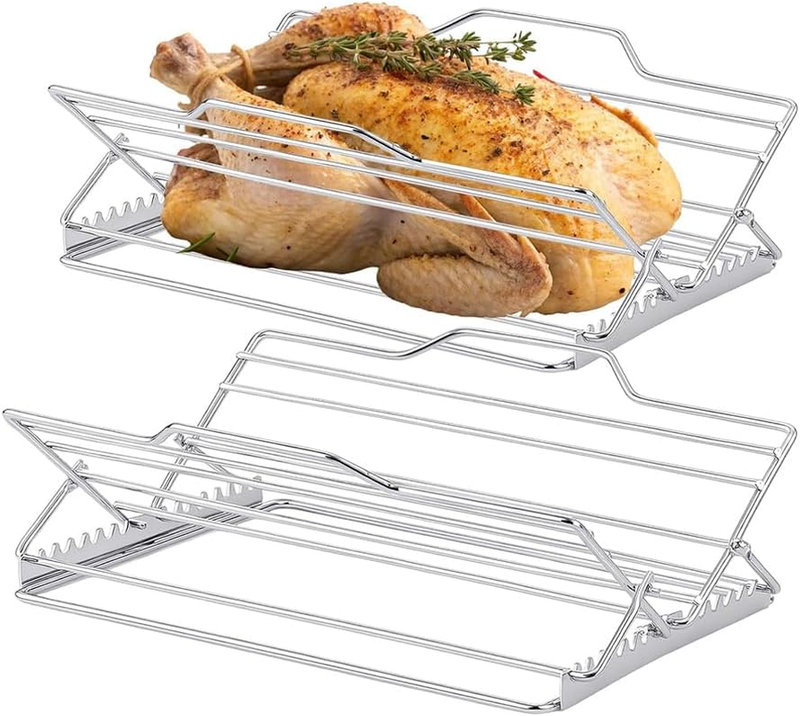 2 PCS Adjustable Roasting Rack, Stainless Steel Chicken Turkey Rack, V-Shaped Fo