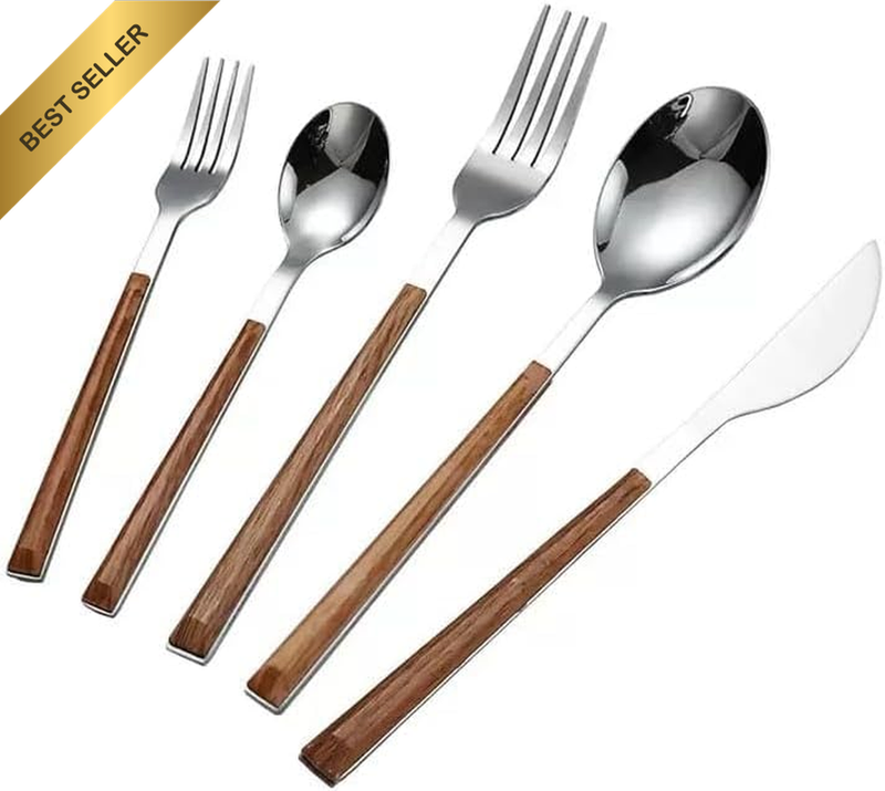 5-Piece Retro Wooden Handle Flatware Set with Silver Mirror Polished Stainless S