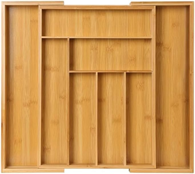 Bamboo Expandable Drawer Organizer - Adjustable Cutlery Tray & Wooden Drawer Div