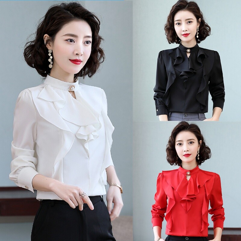 Blusa In Chiffon Con Volant Collo Alto Office Lady Workwear Business