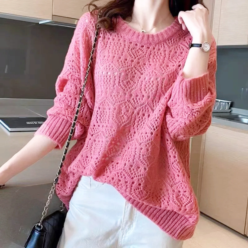 Pull Femme Tricot Creux Crochet Col Rond Polyster Respirant Multicolore