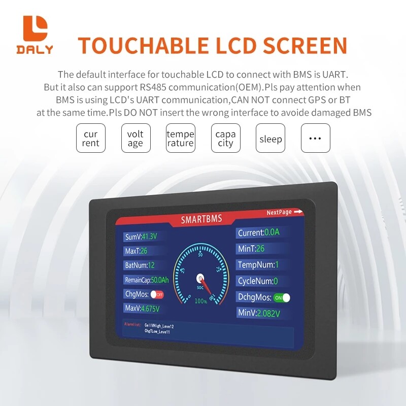 Daly BMS Board Accessories Touch Control Screen UART/RS485 LCD  Display Monitor