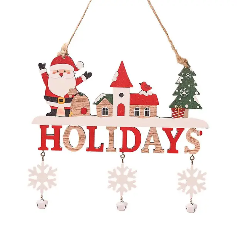 Wooden Christmas Tree Decor Santa Claus Snowman Elk Welcome Tag with Bells Festi