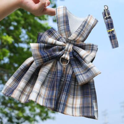 Puppy Set Dress Bow Plaid Cat Clothes Pet Skirt Harness Leash Vest + Dog Small 