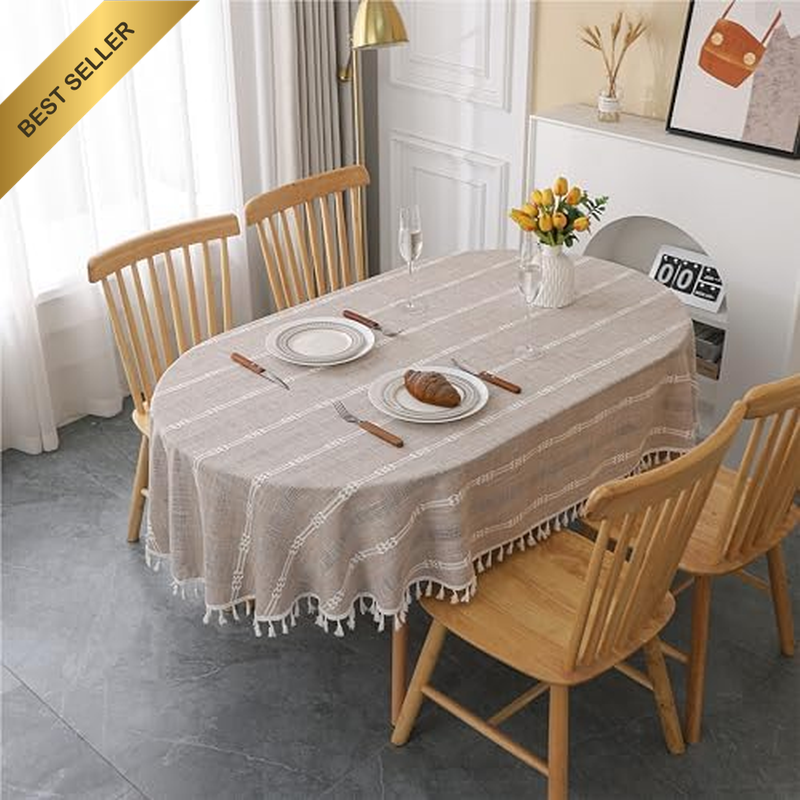 Rustic Stripe Embroidered Oval Tablecloth Heavy Tassel Cotton Linen Table Cloth