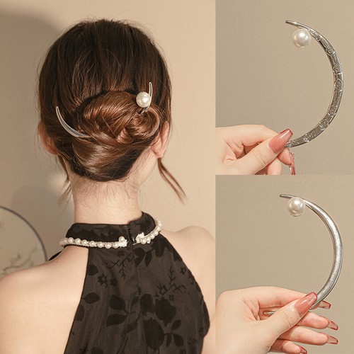 Vintage Crescent Moon Hair Forks Pearl Hair Sticks Womens Hair Bun