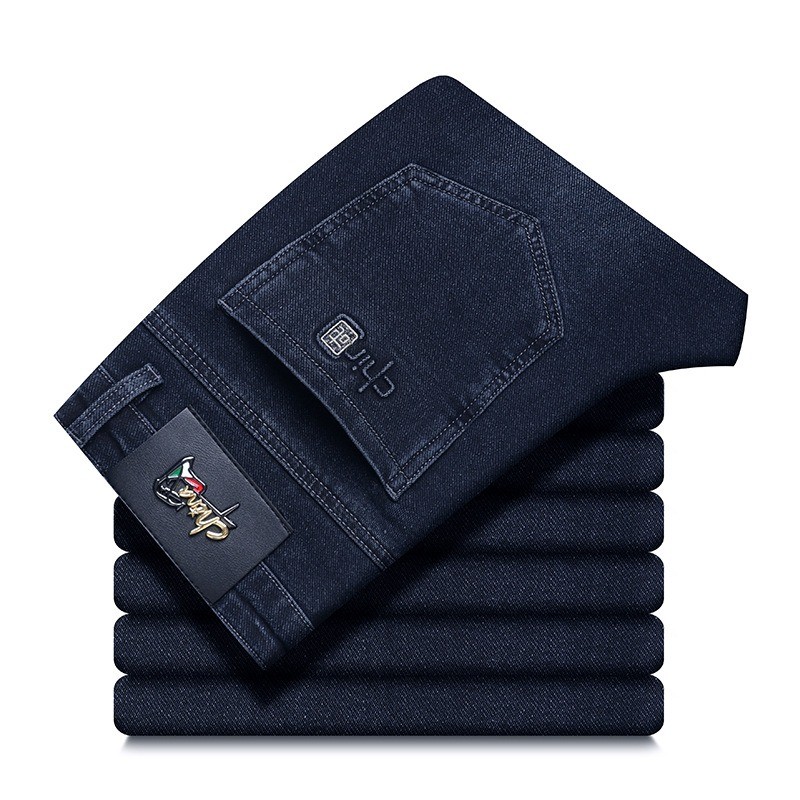 Fleece Lined Straight-leg Men Jeans Warm Thick Stretch Trousers Retro Pants Chic