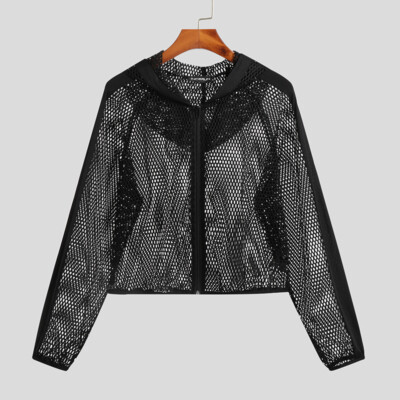 Men's Long Sleeve Fishnet Mesh Hoodies Jacket Hippie Party Club Crop Tops Coat