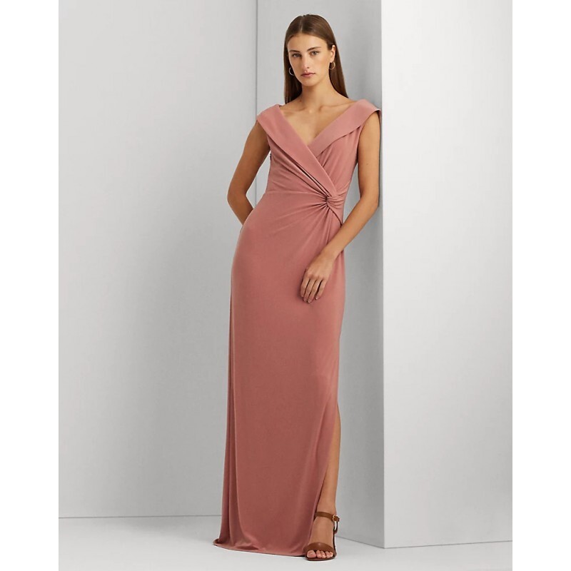 Lauren Ralph Jersey Off The Shoulder Gown Women Pink Mahogany V-neck - Picture 1 of 19