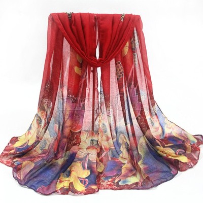 New Fashion Women39s Long Soft Red Voile Floral Scarf Wrap Shawl Stole Scarves