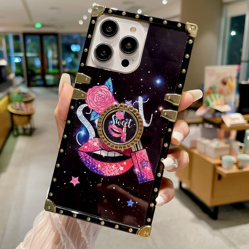 For Samsung A14 A13 A34 A33 A54 A53 A24 Bling Crown Lips Rhinestone Square Case