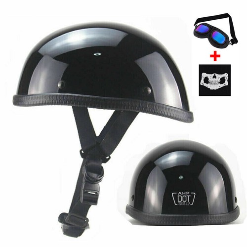 Motorcycle FLAT DOT Beanie Half Helmet Cap Skid Scooter Chopper with Goggle Mask