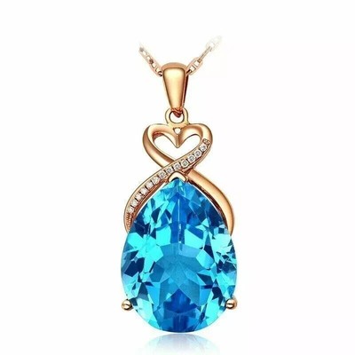Pear Lab Created Blue Topaz Diamond Wedding Gift Pendant 14K Rose Gold Plated