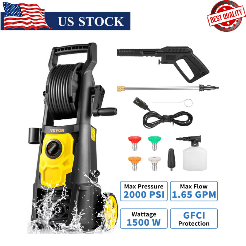 Pressure Washer Electric Fences Cars W/ 30 ft Hose & Reel 5 Nozzles 2000 PSI New