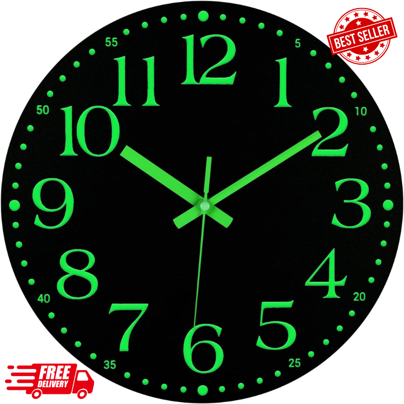 Wooden Glow in the Dark Clock, 12 Inch Silent Non-Ticking Battery Operated Clock