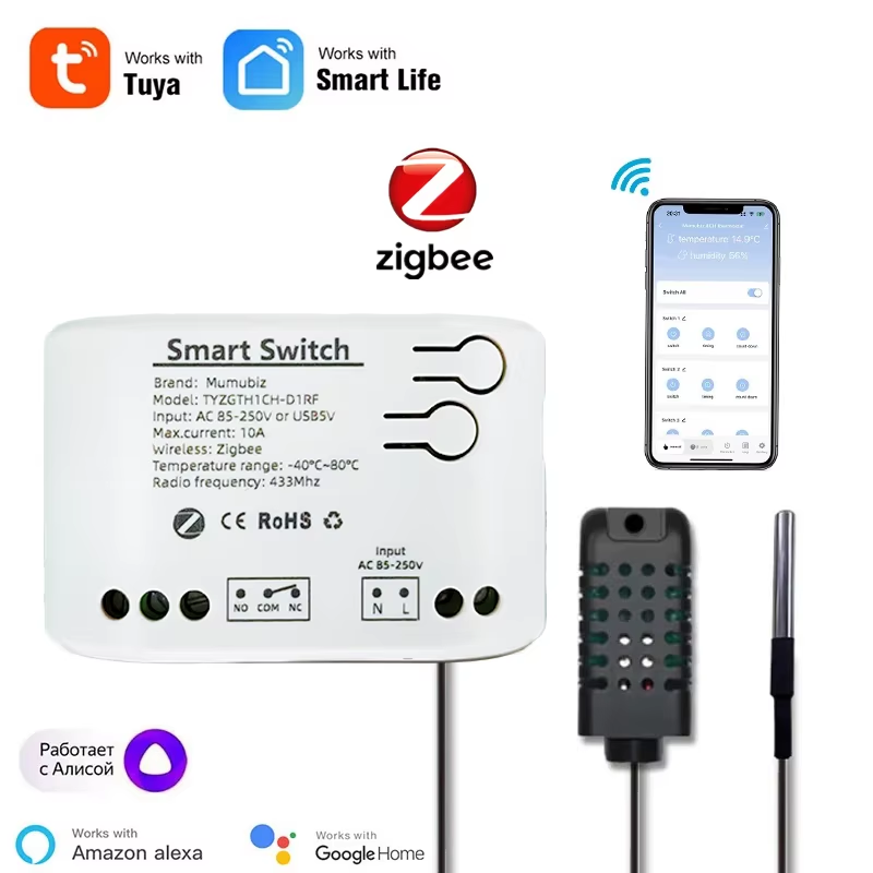 Zigbee 1 Gang Smart Switch with Temperature Humidity Sensor, Tuya Smart Life APP