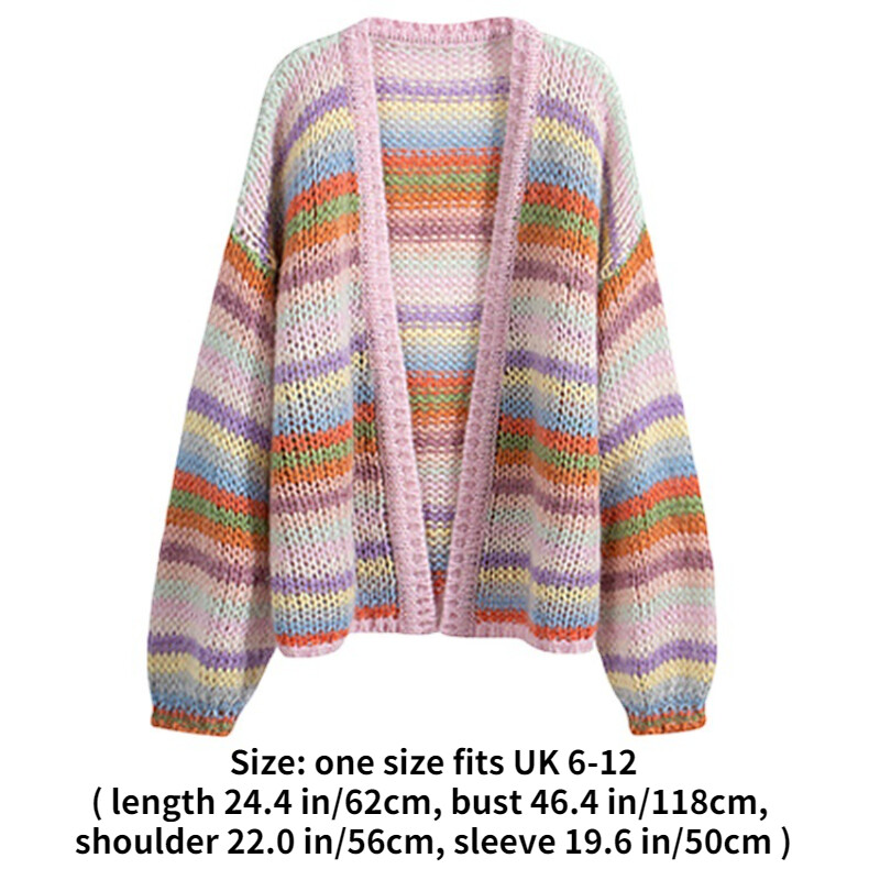 Women Rainbow Striped Cardigan Sweater Jumper Knitwear Multicolor Loose Soft
