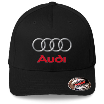 Audi Car Auto Logo on Black Hat Flexfit Baseball Cap Printed Emblem S/M & L/XL