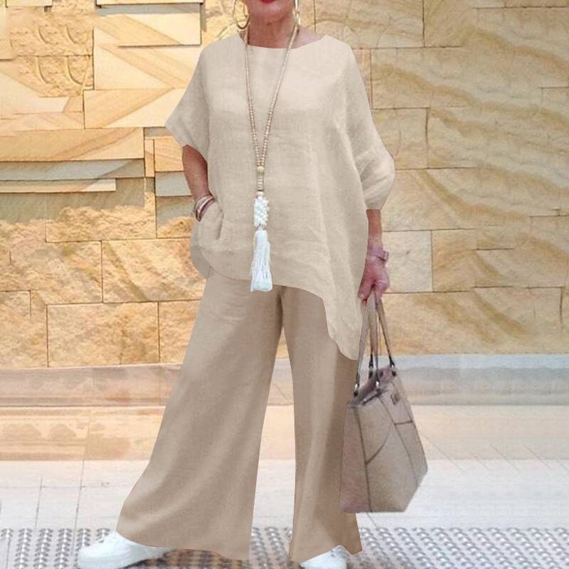Women Tracksuit Set Lounge Wear Cotton Linen Top Pants Suit Plus Size Loungewear