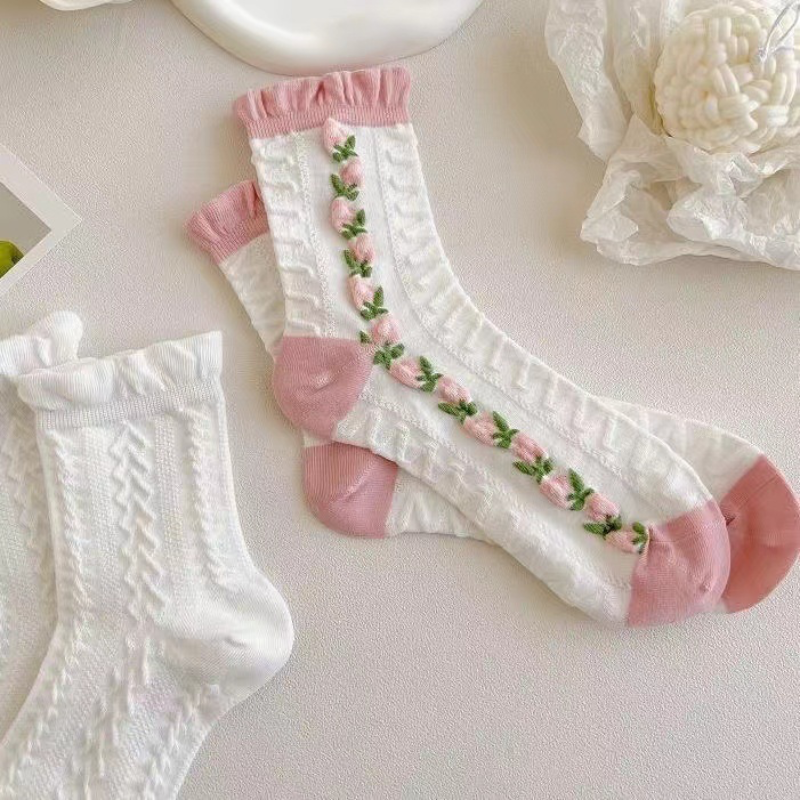 2 Paar Damen Casual Blumen Rüschen Sneakersocken Low Cut Baumwollmix Weiß