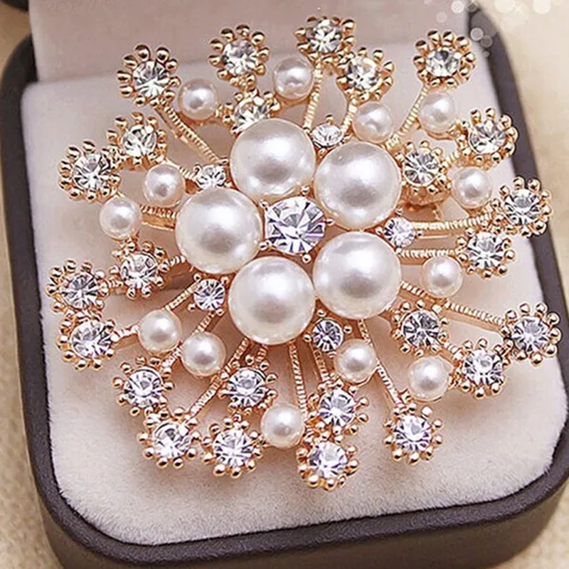 Fashion Women Big Brooches Lady Snowflake Imitation Pearls Rhinestones 