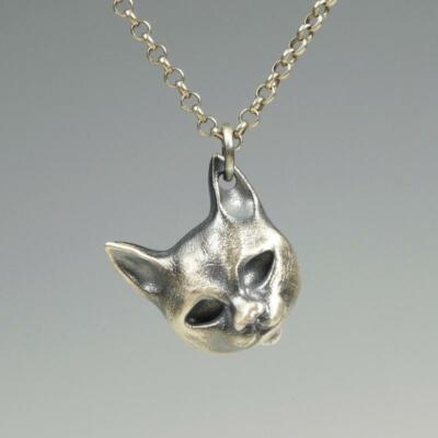 Black Oxidized 925 Sterling Silver Cat Skull Back Pendant