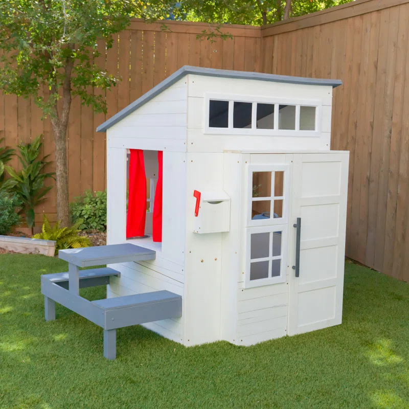 Modern Outdoor Wooden Playhouse with Picnic Table, Mailbox & Outdoor Grill, Whit