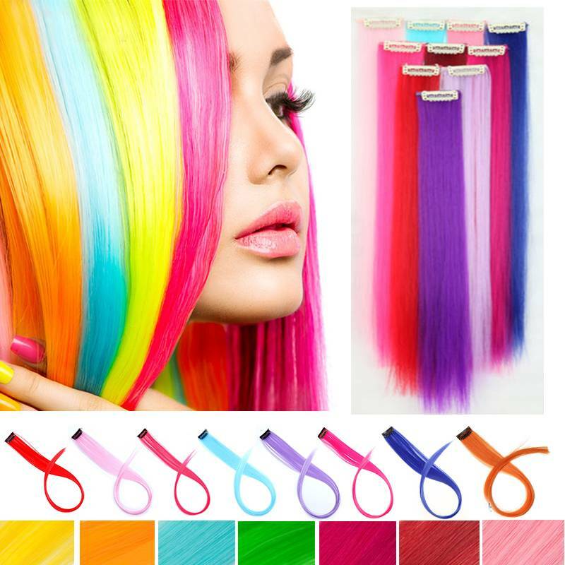 10 PCS Colored Hair Streaks One Clip On Hair Extension Highlight Strips