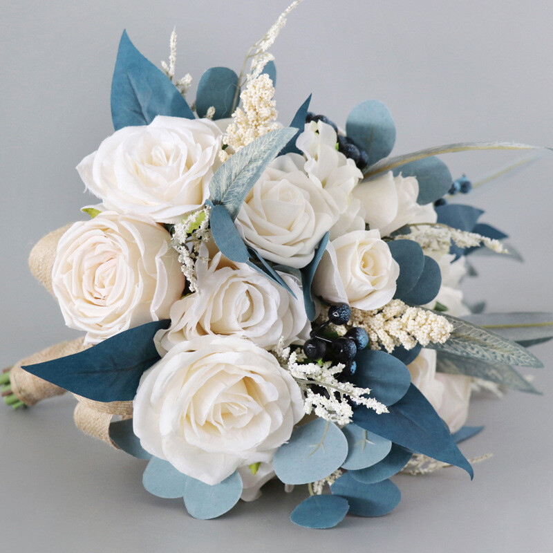 Pavone Blu Bouquet Seta Finto Fiori Sposa Goccia Forma Forniture Decorazione