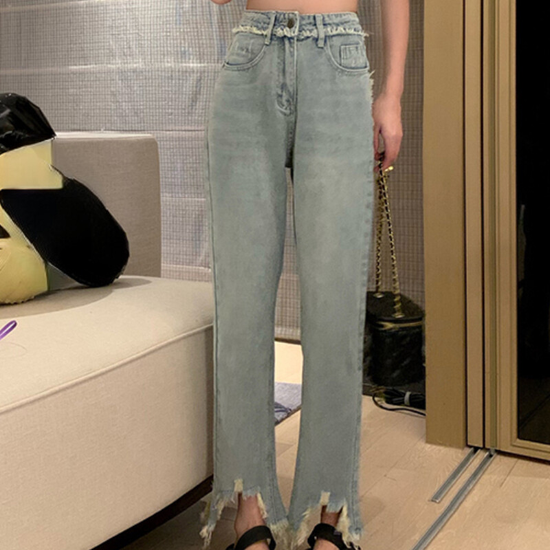 Donna Affliggere Jeans Denim Pantaloni Gamba Dritta Crudo Orlo Caviglia Rétro