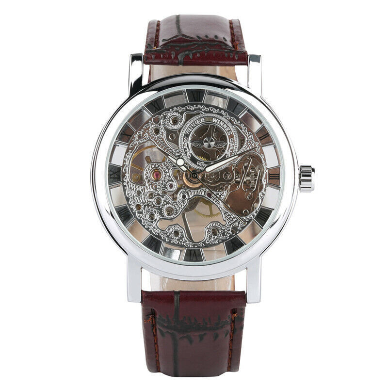 WINNER Mechanical Hand Winding Skeleton Leather Band Strap Mens Wrist Watch
